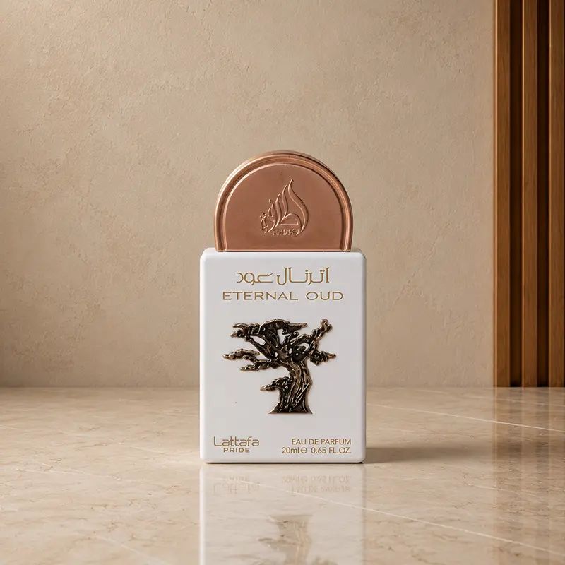 White 20 ml Eternal Oud Eau de Parfum bottle with rose-gold arched cap