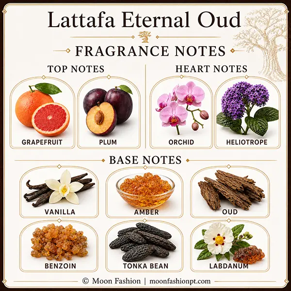 Complete Lattafa Eternal Oud fragrance-notes chart with top, heart and base ingredients