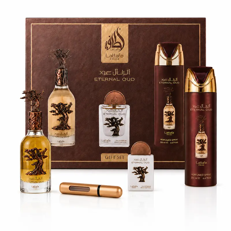 Lattafa Eternal Oud gift set with box, two EDP bottles, perfumed spray and atomiser