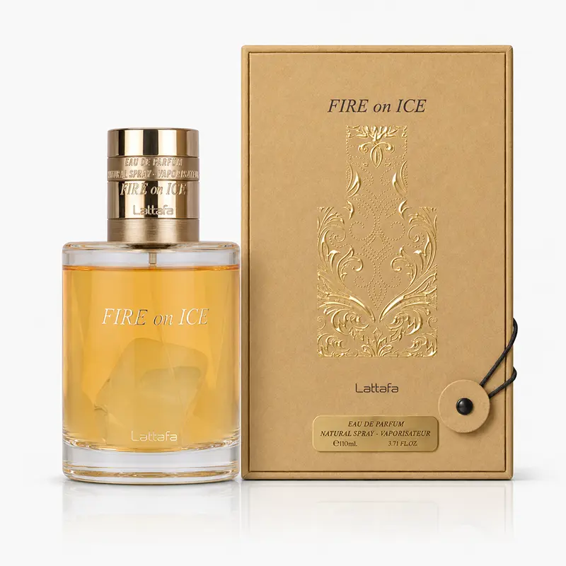 Lattafa Fire On Ice 110 ml Eau de Parfum bottle and presentation box on a white background.