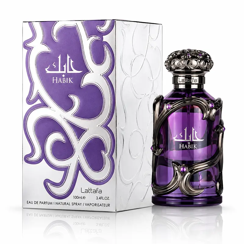 Lattafa Habik 100ml Eau de Parfum box and purple bottle on a white reflective background.