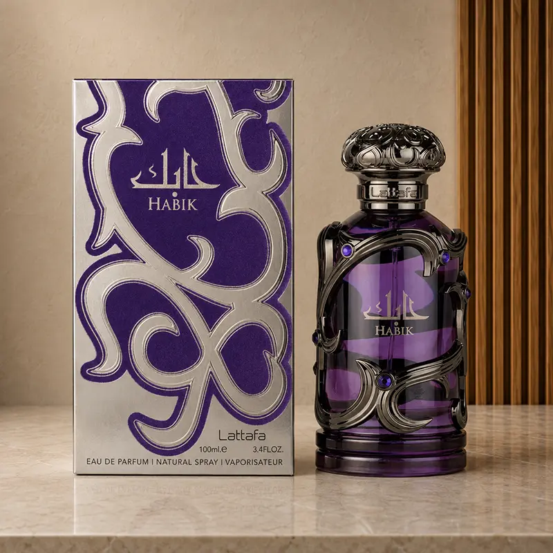 Lattafa Habik box and purple bottle shown together in a straight-on studio view.