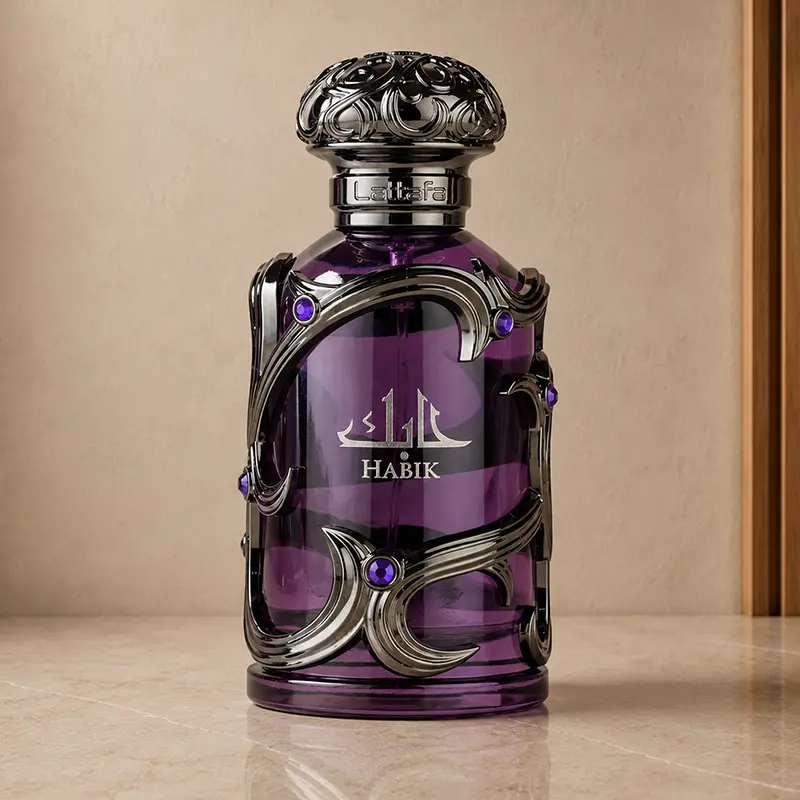 Lattafa Habik purple Eau de Parfum bottle photographed upright from the front.