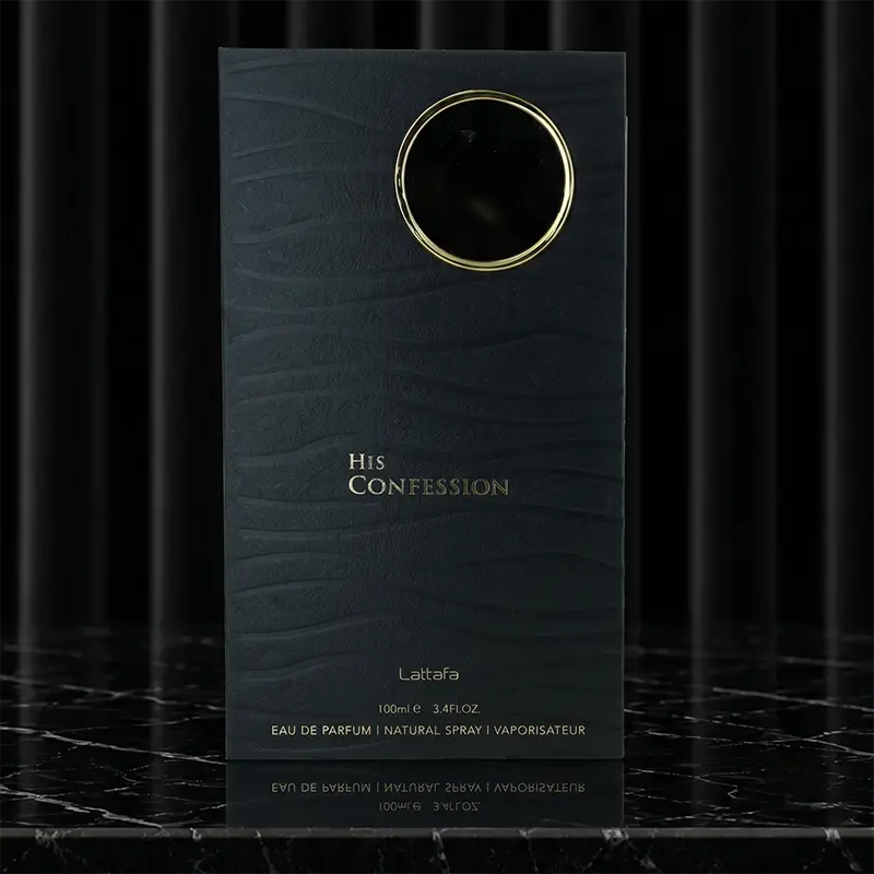 Minimalist black outer carton showing the silver brand insignia and Confession collection logo text.