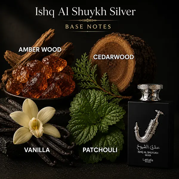Deep base notes composition of Ishq Al Shuyukh Silver showcasing amberwood, cedar, patchouli, and vanilla accords.