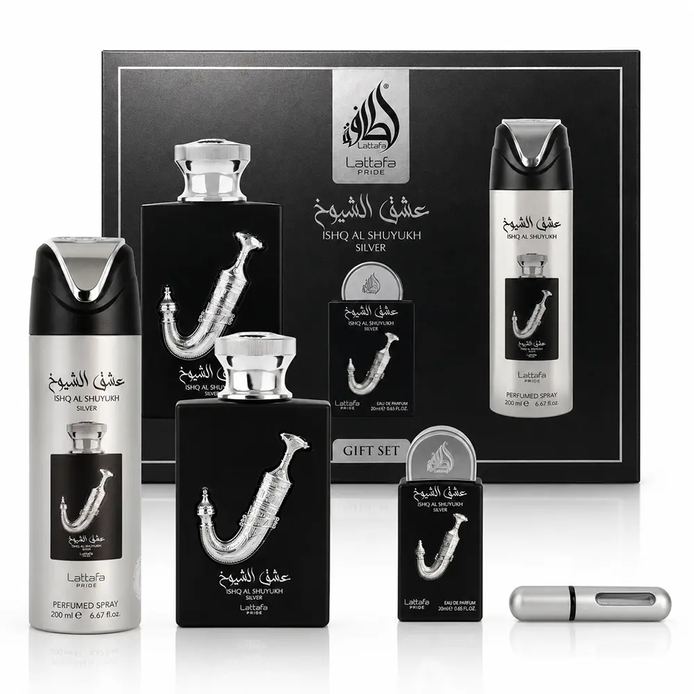 Lattafa Ishq Al Shuyukh Silver gift set with black perfume bottles, perfumed spray and travel atomizer.