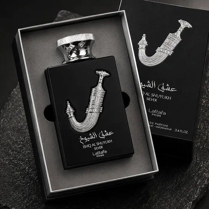 Detailed look at the luxurious molded inner packaging securely holding the distinctive Ishq Al Shuyukh Silver flask.