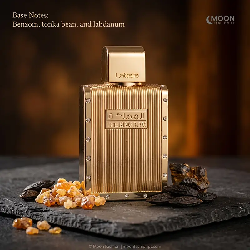 Rich base notes of benzoin, tonka bean, and labdanum in the original Lattafa Kingdom Men perfume.