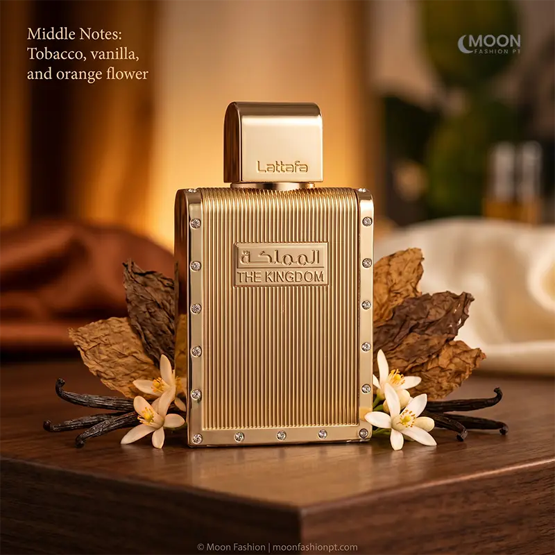 Warm heart notes of tobacco, vanilla, and orange flower in Lattafa The Kingdom fragrance for men.