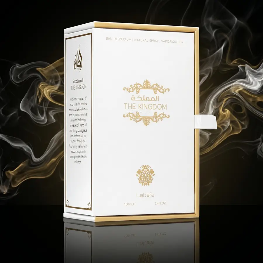 Premium white and gold original packaging box for Lattafa The Kingdom Men 3.4 oz fragrance.