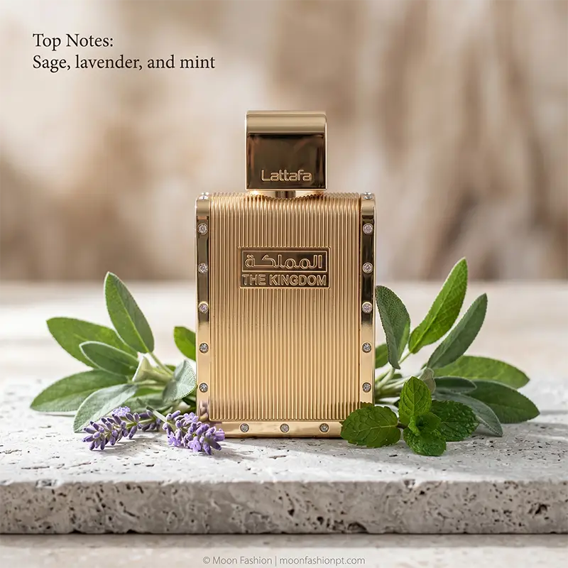 Lattafa Kingdom Men top notes of sage, lavender, and mint for a fresh, regal opening.