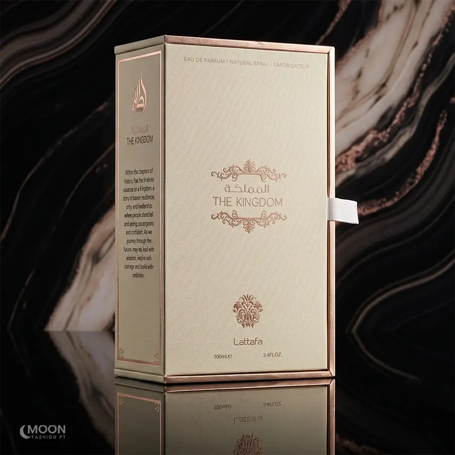 Elegant cream and rose gold premium packaging box for Lattafa Kingdom Women Eau de Parfum.