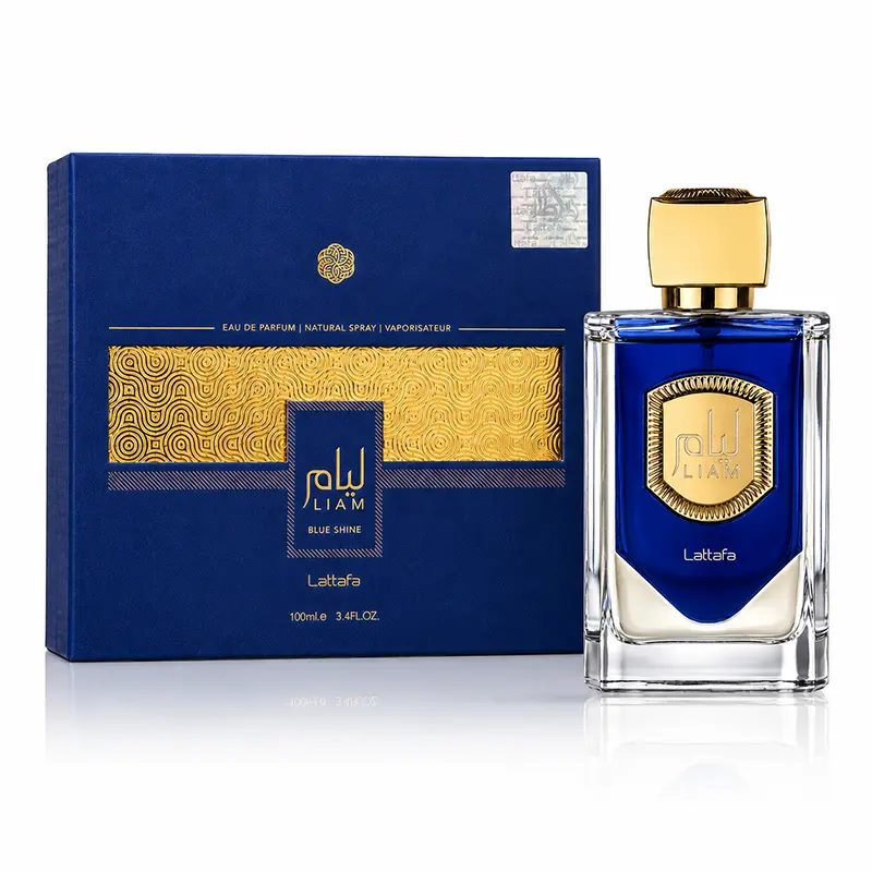 Lattafa Liam Blue Shine EDP 100ml box and blue bottle on a clean white background