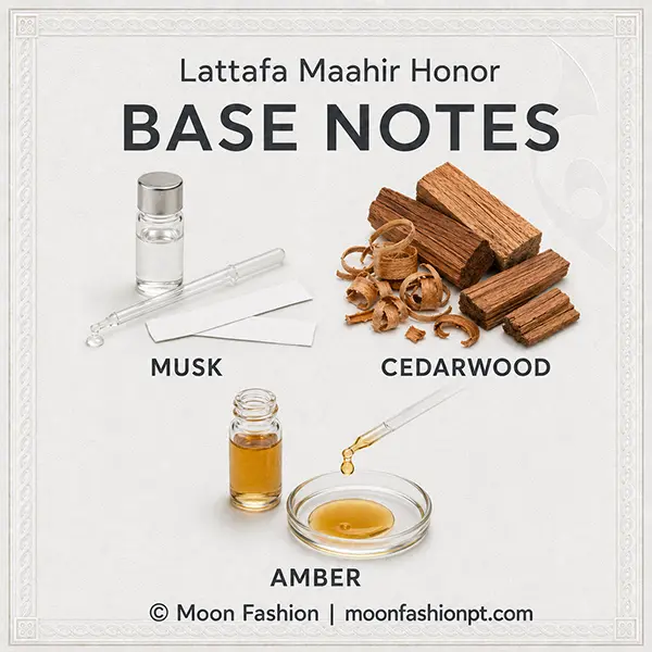 Lattafa Maahir Honor base notes infographic showing musk, cedarwood and amber.
