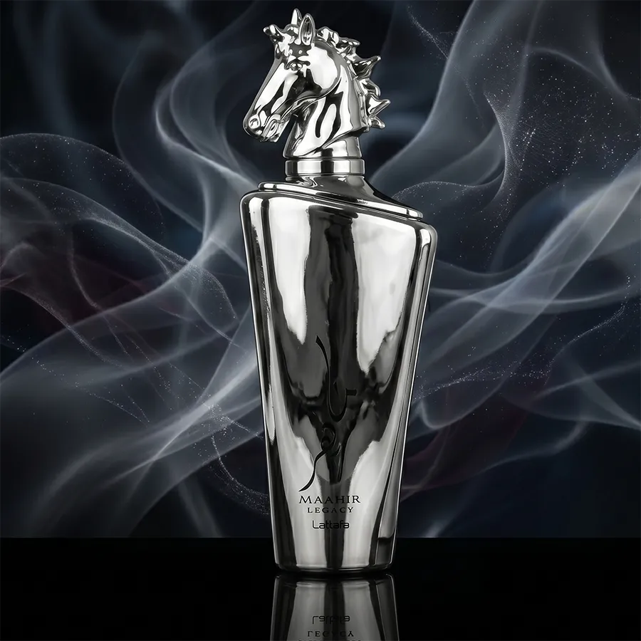 Lattafa Maahir Legacy men's perfume featuring the iconic chrome silver horse head cap and sleek bottle.
