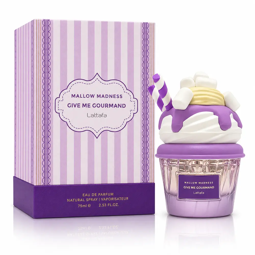 Lattafa Mallow Madness 75ml bottle beside its lilac striped Eau de Parfum box.