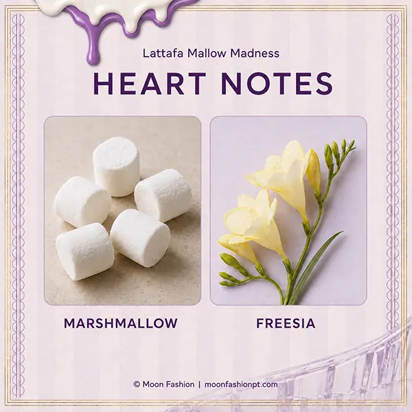 Marshmallows and freesia presented as the heart notes of Lattafa Mallow Madness.