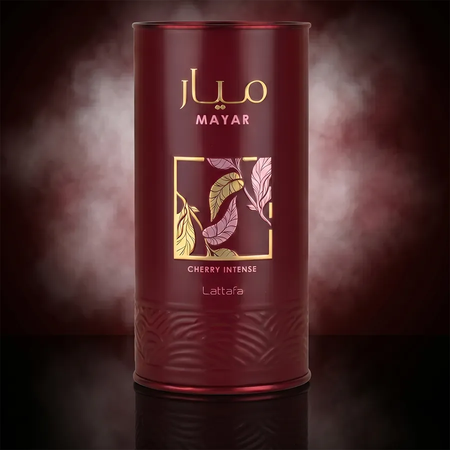 Original red cylindrical packaging box for Lattafa Mayar Cherry Intense 100ml Eau de Parfum for women.