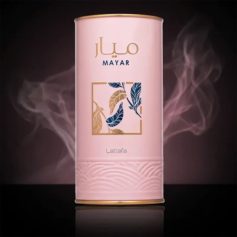 Original pink cylindrical packaging for Lattafa Mayar women's fragrance, authentic 3.4 oz floral fruity perfume box.