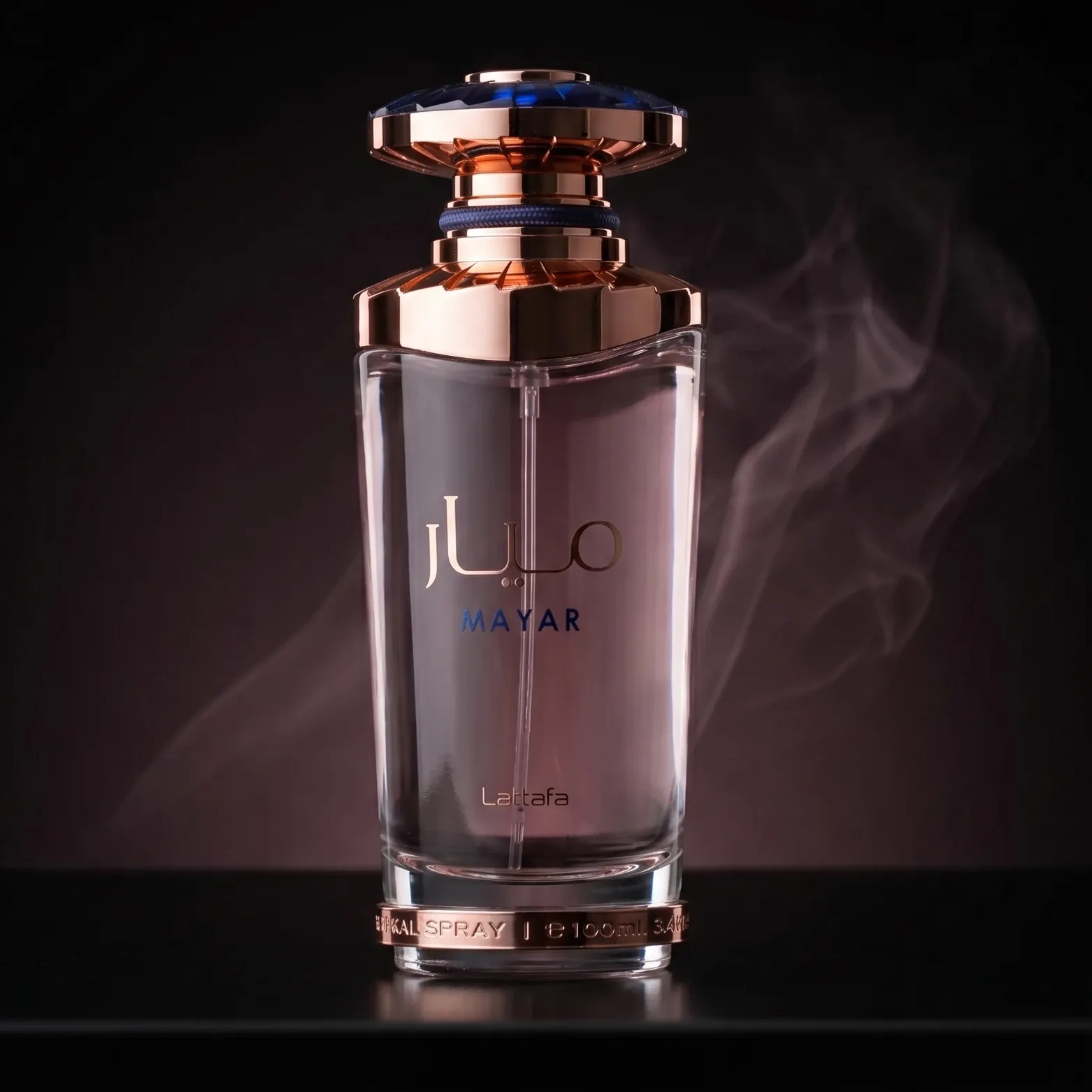 Lattafa Mayar perfume for women 100ml bottle with rose gold details and elegant raspberry litchi scent notes.