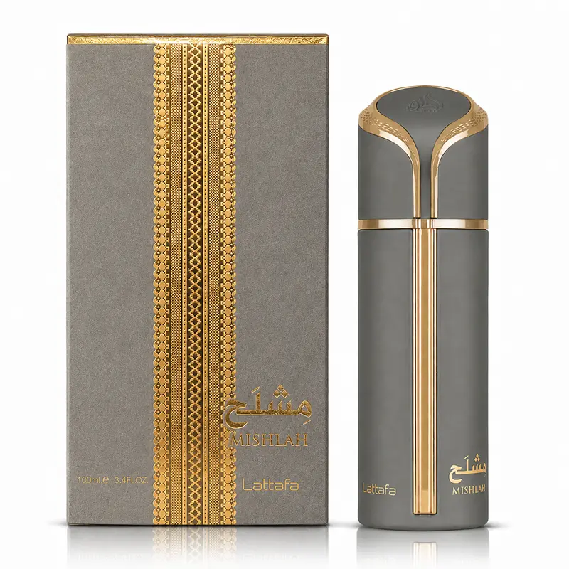 Lattafa Mishlah 100 ml Eau de Parfum bottle and matching grey box on a white background.