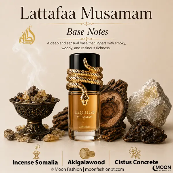 Deep aromatic foundation revealing Incense Somalia, Akigalawood and Cistus Concrete accords.