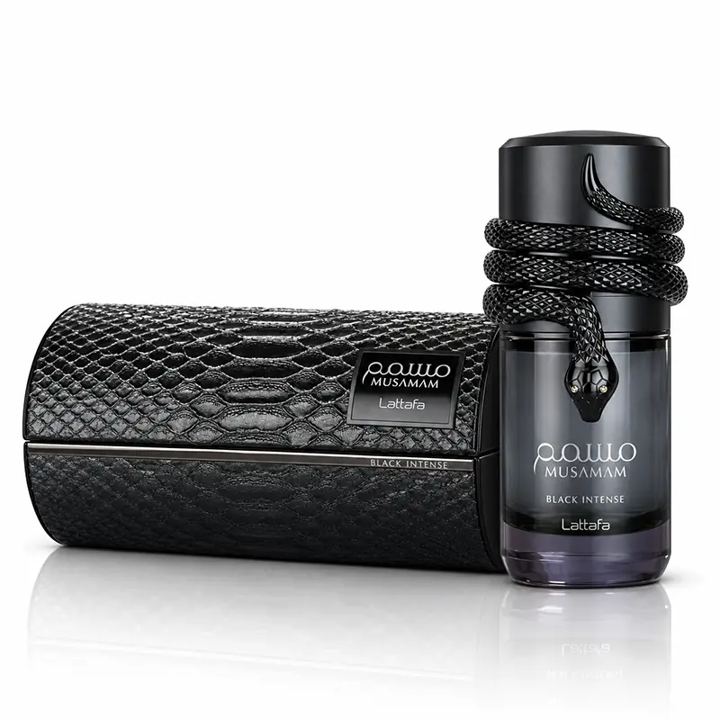 Lattafa Musamam Black Intense 100ml bottle and presentation case on white with a soft reflection.