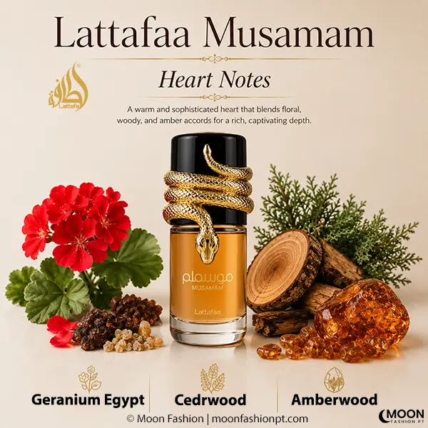 Heart composition highlighting Geranium Egypt, Cedarwood Virginia and Amberwood within Musamam.