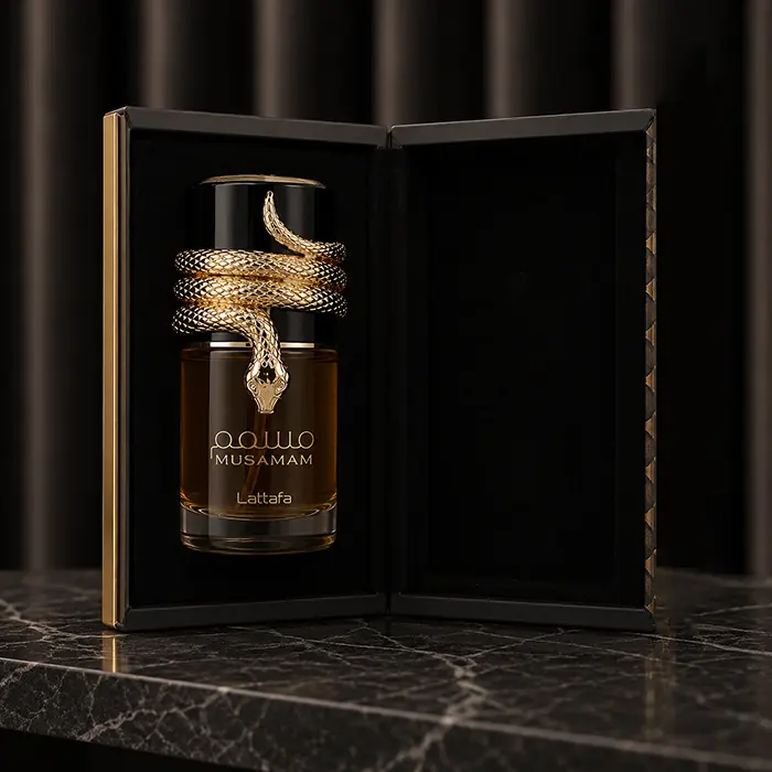 Showcasing the open presentation box of Lattafaa Musamam with the bottle secured inside.