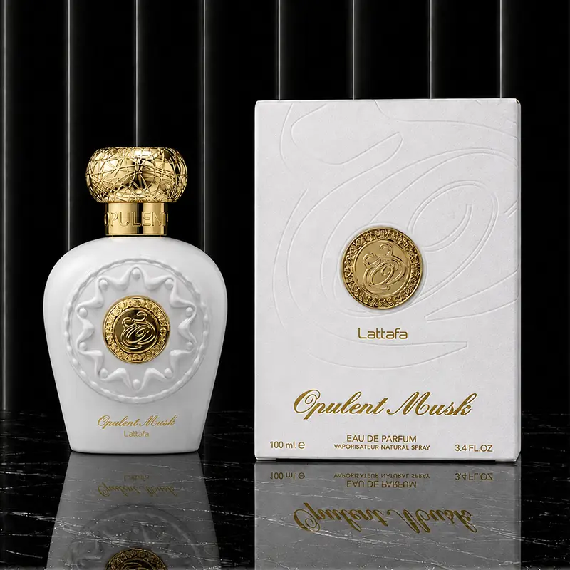 Complete presentation of the 100 ml unisex spray bottle next to its luxury textured outer packaging.