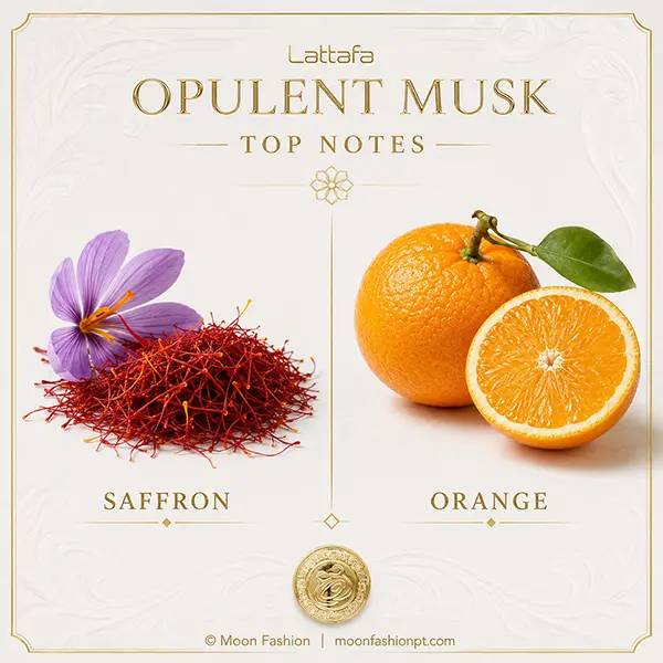 Visual display of Lattafa Opulent Musk top notes featuring white musk, saffron, and lemon accords.