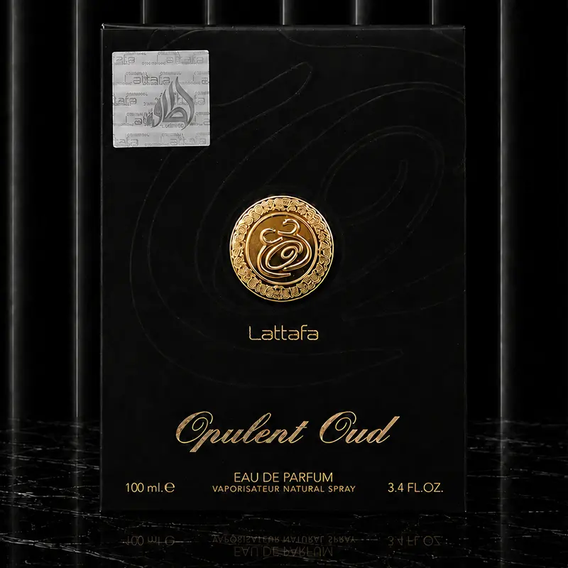 Luxury black and gold textured box of Lattafa Opulent Oud Eau de Parfum.