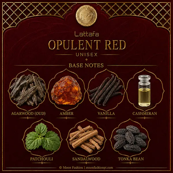 Scent diagram displaying base ingredients like agarwood oud, amber, vanilla, patchouli, and tonka bean.
