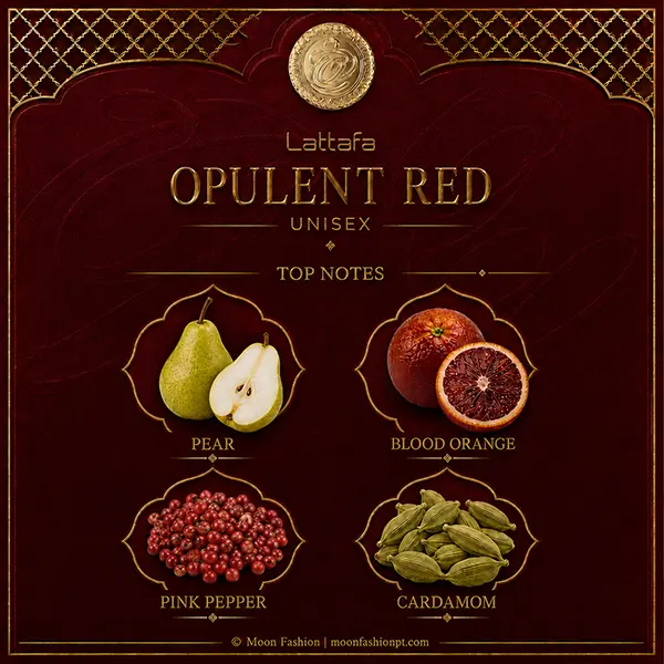 Visual display of Lattafa Opulent Red top notes featuring pear, blood orange, pink pepper, and cardamom accords.