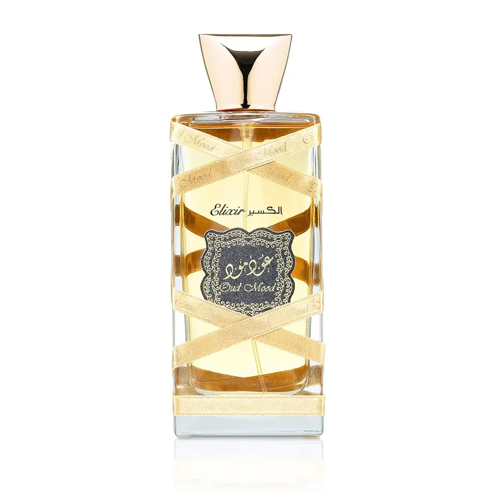 Premium gold outer packaging box for Lattafa Oud Mood Elixir Eau de Parfum 100ml for women.