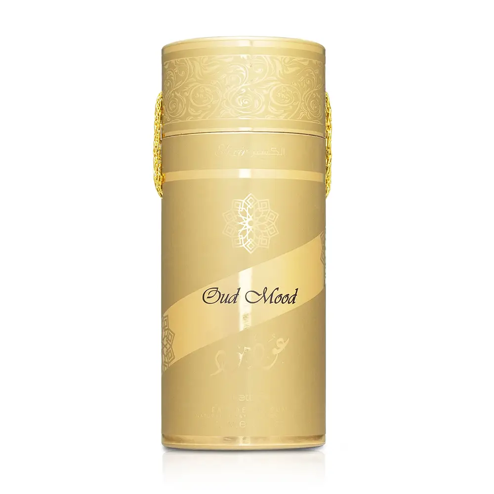 Front view of Oud Mood Elixir by Lattafa, a warm oriental fragrance for women with saffron and spicy notes.