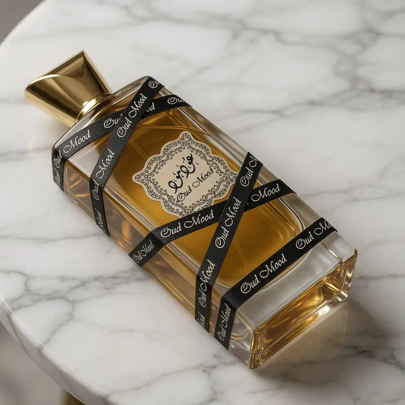 Close-up angled view of Lattafa Oud Mood unisex EDP bottle on marble, emphasizing the luxury gold and black aesthetic.