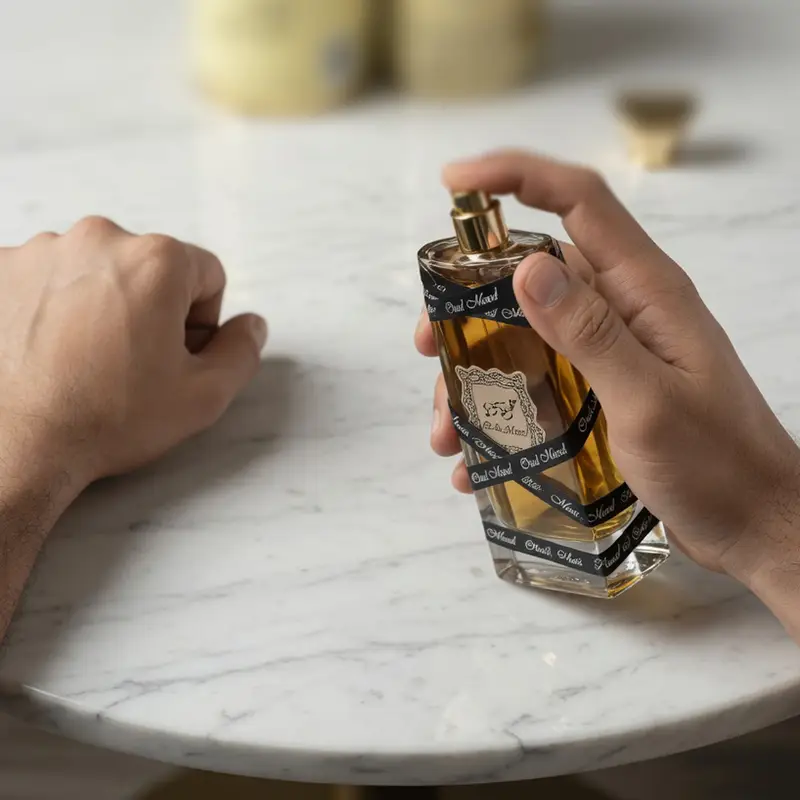 Man spraying Lattafa Oud Mood unisex fragrance, demonstrating the fine mist atomizer and rich amber liquid color.