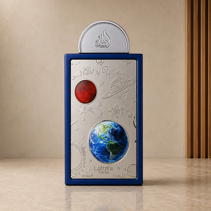 Lattafa Art of Universe 100 ml Eau de Parfum bottle with a silver panel and planet artwork.