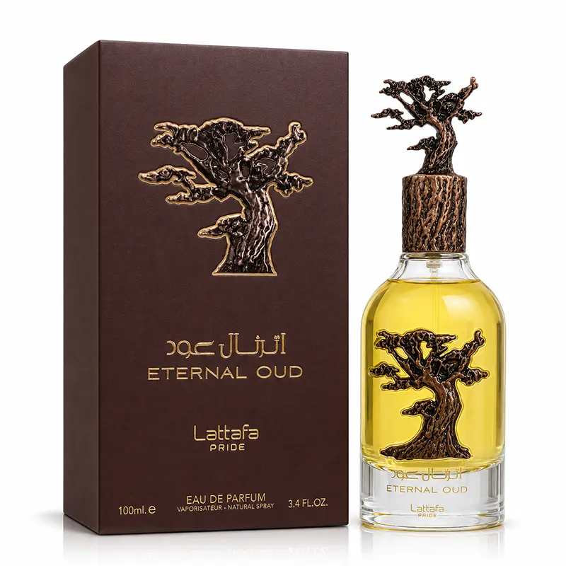 Lattafa Pride Eternal Oud box and 100 ml perfume bottle displayed together on a white background