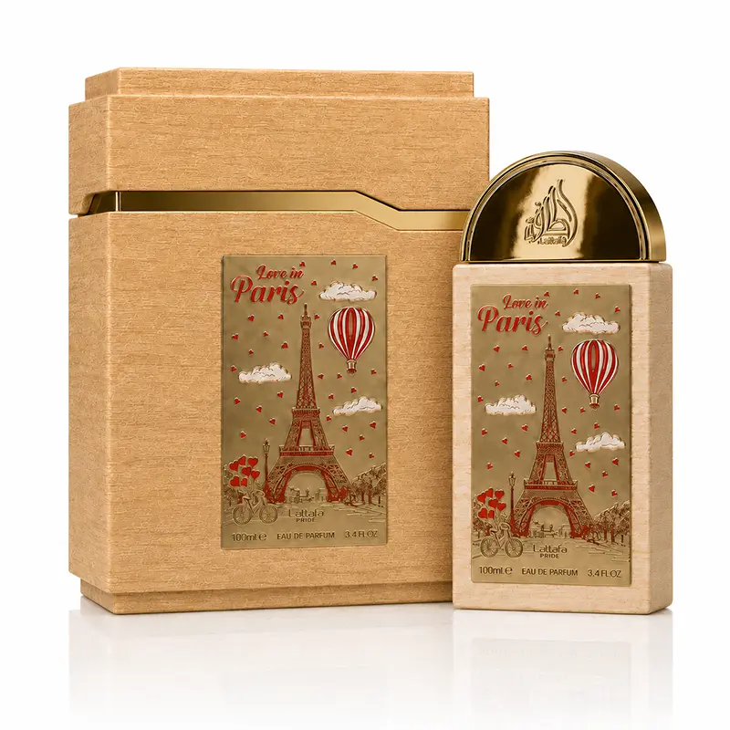 Lattafa Pride Love In Paris 100ml bottle beside its matching presentation box
