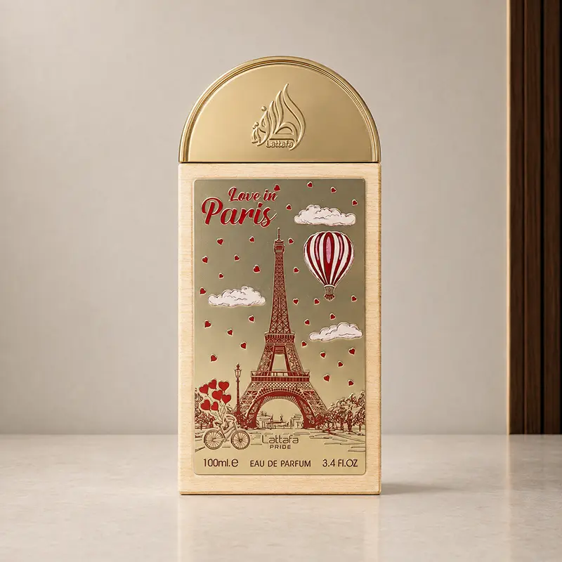 Love In Paris 100ml Eau de Parfum bottle with Eiffel Tower, balloon and heart artwork