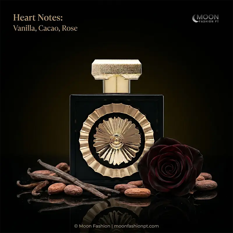 Sweet heart notes of vanilla, cacao, and dark rose in Lattafa Pride Nebras unisex gourmand scent.