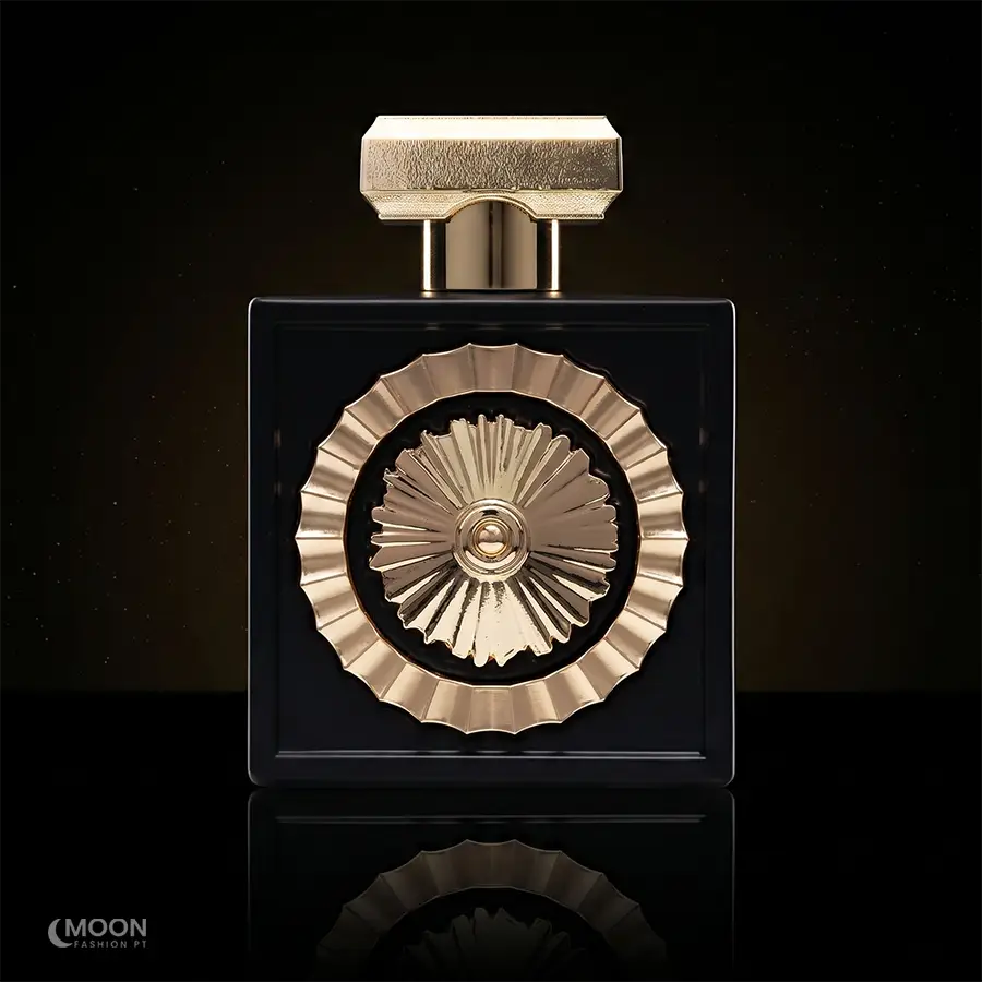 Elegant black and gold bottle design of Lattafa Pride Nebras unisex eau de parfum with sunburst emblem.