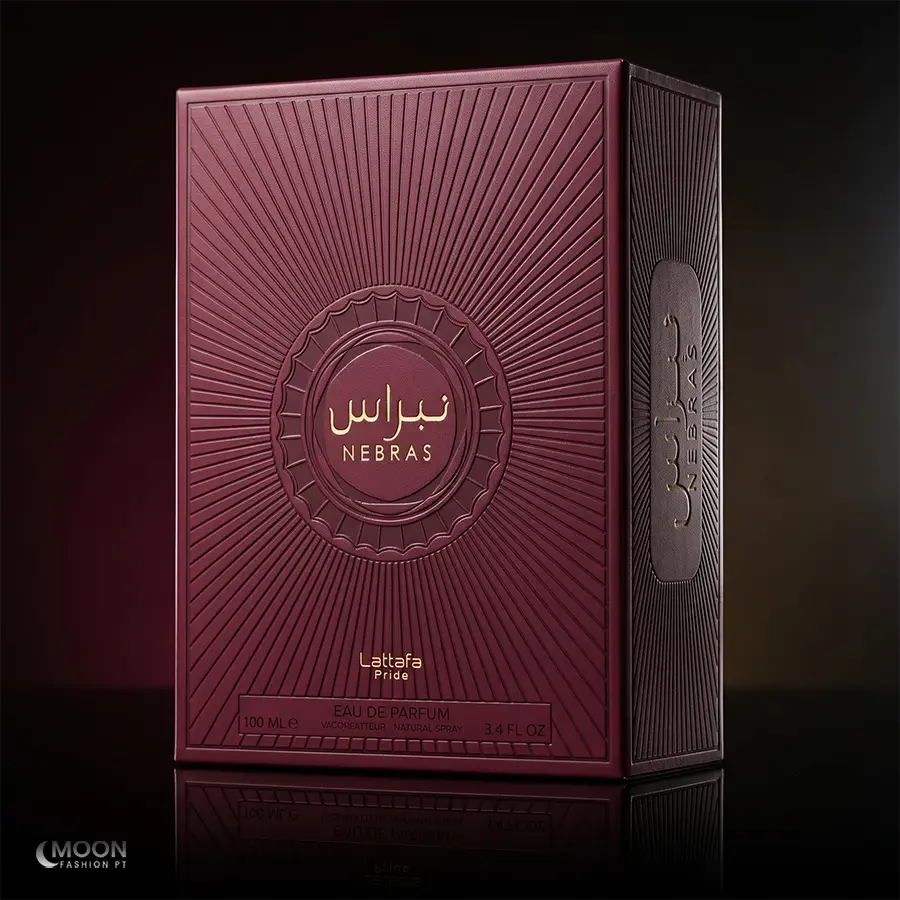 Premium maroon and gold textured packaging box for Lattafa Pride Nebras unisex 100ml perfume.