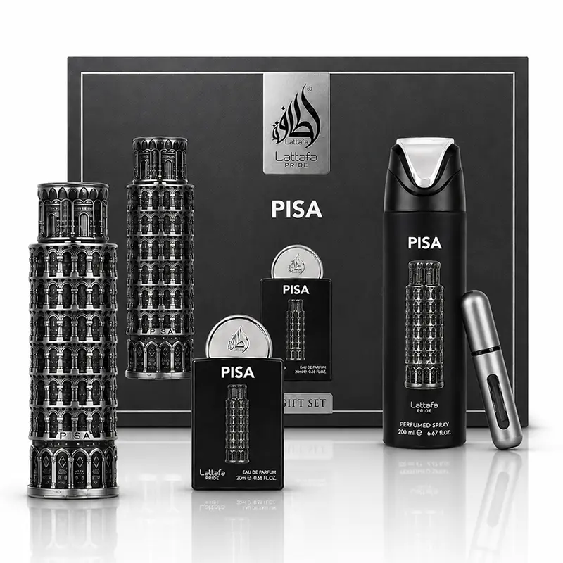 Lattafa Pride Pisa gift set with tower bottle, mini EDP, perfumed spray, atomizer and box