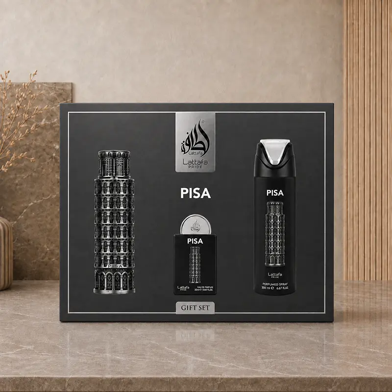 Lattafa Pride Pisa gift set box showing the tower bottle, mini EDP and perfumed spray