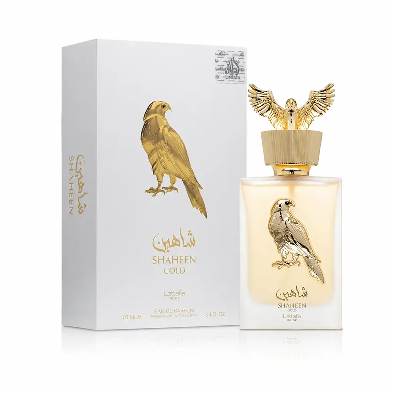 Lattafa Pride Shaheen Gold bottle and box on a clean white ecommerce background