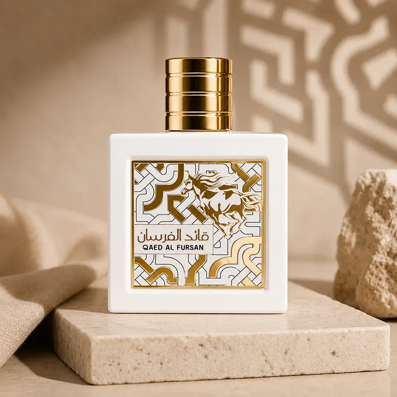 Elegant front presentation of Lattafa Qaed Al Fursan Unlimited Eau de Parfum bottle.
