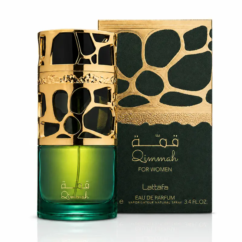 Lattafa Qimmah For Women 100 ml EDP bottle displayed beside its box